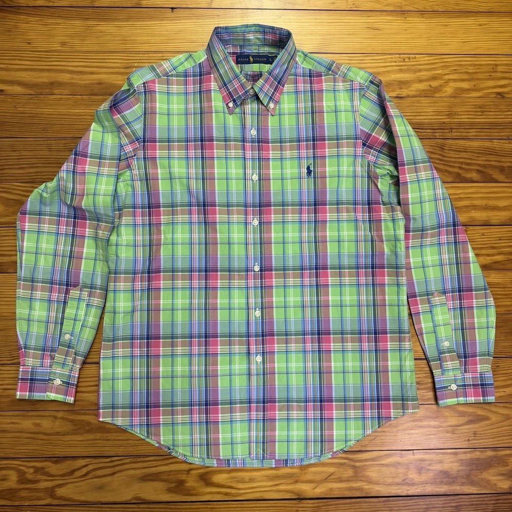 Ralph Lauren Mens Large Madras Plaid Button Down Shirt‎ Green Large Blue Pony